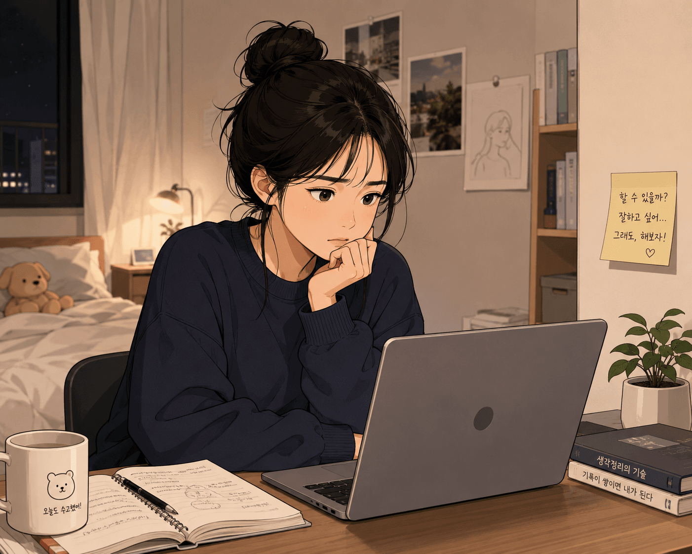 책상에 앉아 노트북을 바라보며 고민하는 청년의 모습, 주변에는 공부할 자료와 커피 컵이 놓여 있고, 벽에는 긍정적인 메시지가 적힌 포스트잇이 붙어 있음.