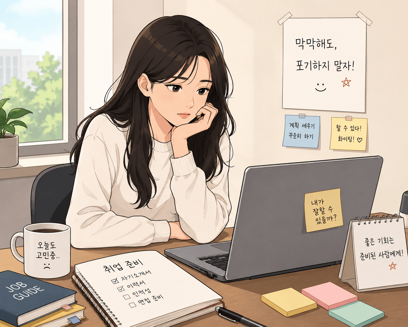 직장에서 취업 준비를 하고 있는 청년의 모습, 책상 위에는 취업 관련 자료와 노트북, 커피 컵이 놓여 있으며, 격려의 메시지가 적힌 포스트잇이 붙어 있다.
