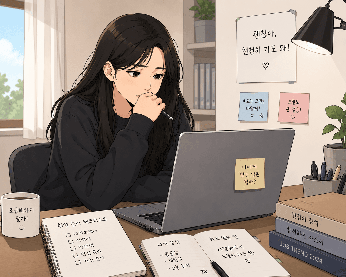 컴퓨터 앞에 앉아 고민하는 젊은 여성의 모습과 취업 준비 체크리스트, 다양한 메모들이 담긴 이미지. 2026년 청년 인구와 지원 정책에 대한 논의와 관련된 내용과 연관됨.