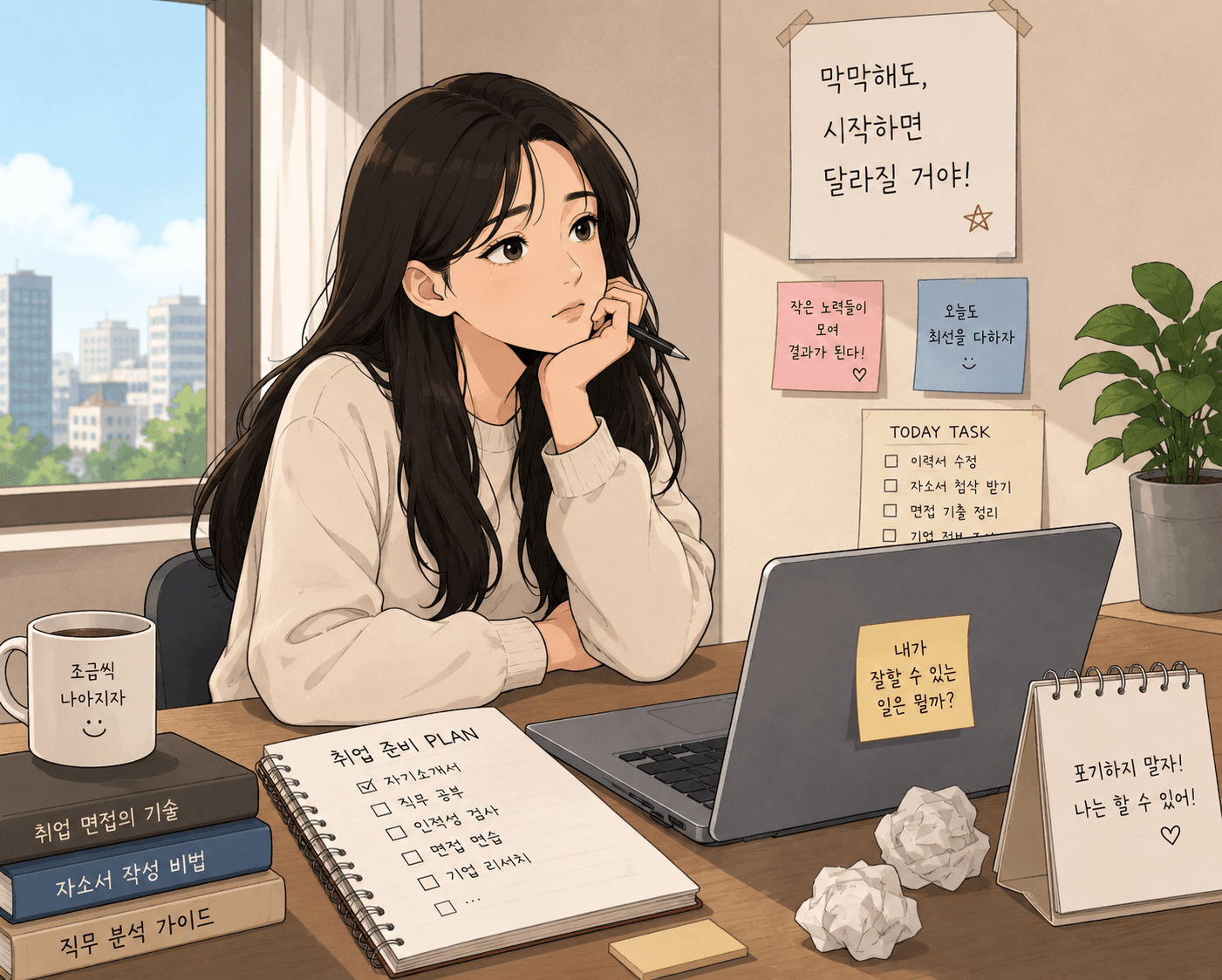 젊은 여성 캐릭터가 책상에 앉아 고민하는 모습, 배경에는 도시 풍경이 보이고, 책상 위에는 커피잔, 메모지, 노트북과 여러 가지 계획이 적힌 종이가 놓여 있음. 이 이미지는 청년의 취업 준비와 자기 개발을 주제로 한 페이지에 적합함.