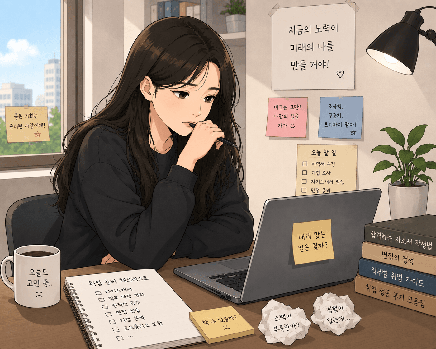 청년이 자신의 미래를 위해 공부하고 계획하는 모습, 책상 위에는 체크리스트와 커피컵, 포스트잇 메모가 놓여 있어 진로 준비의 중요성을 강조하는 이미지.