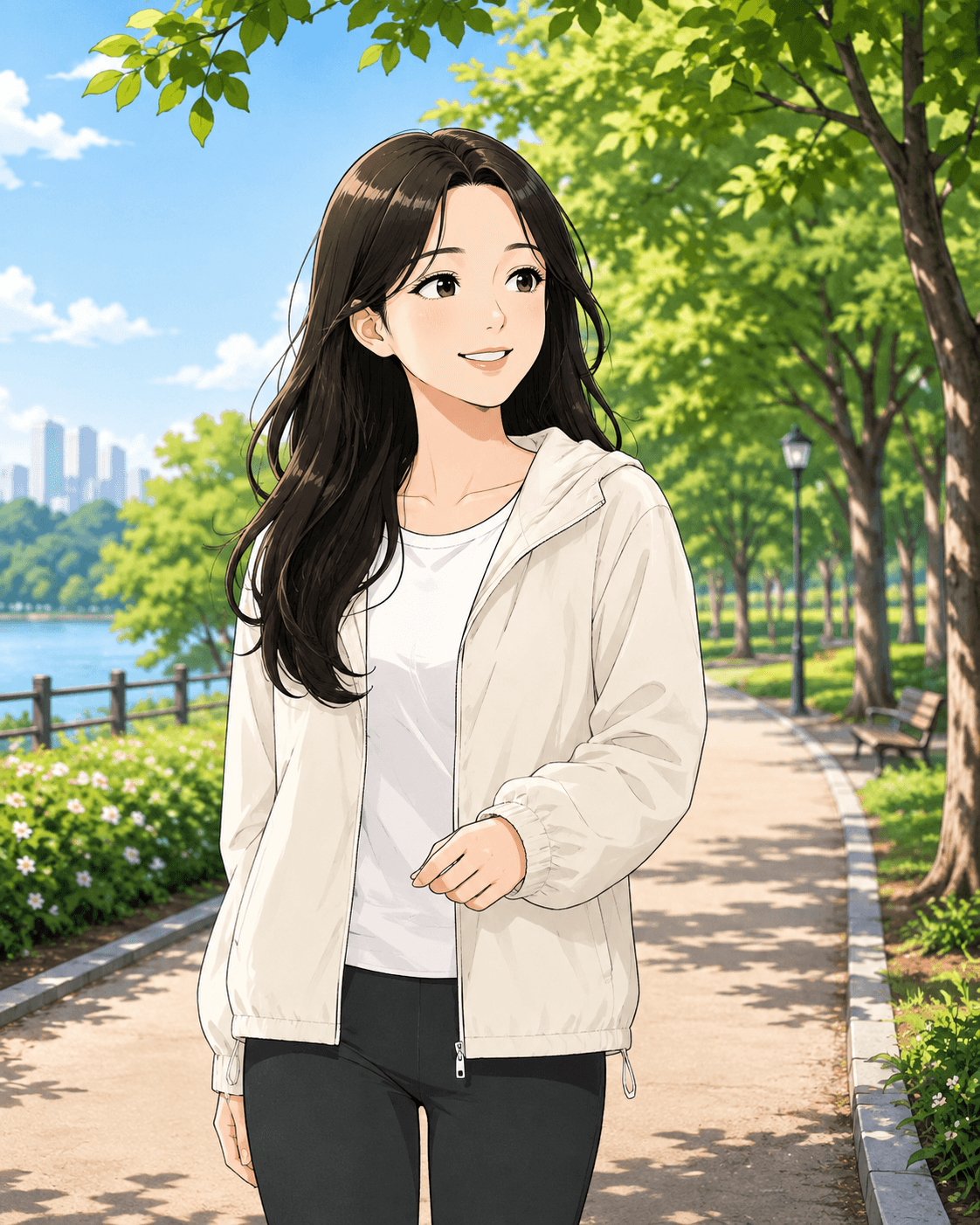 가을 날씨를 느끼며 산책하는 여성, 화창한 날씨와 푸른 나무들이 있는 공원 배경.