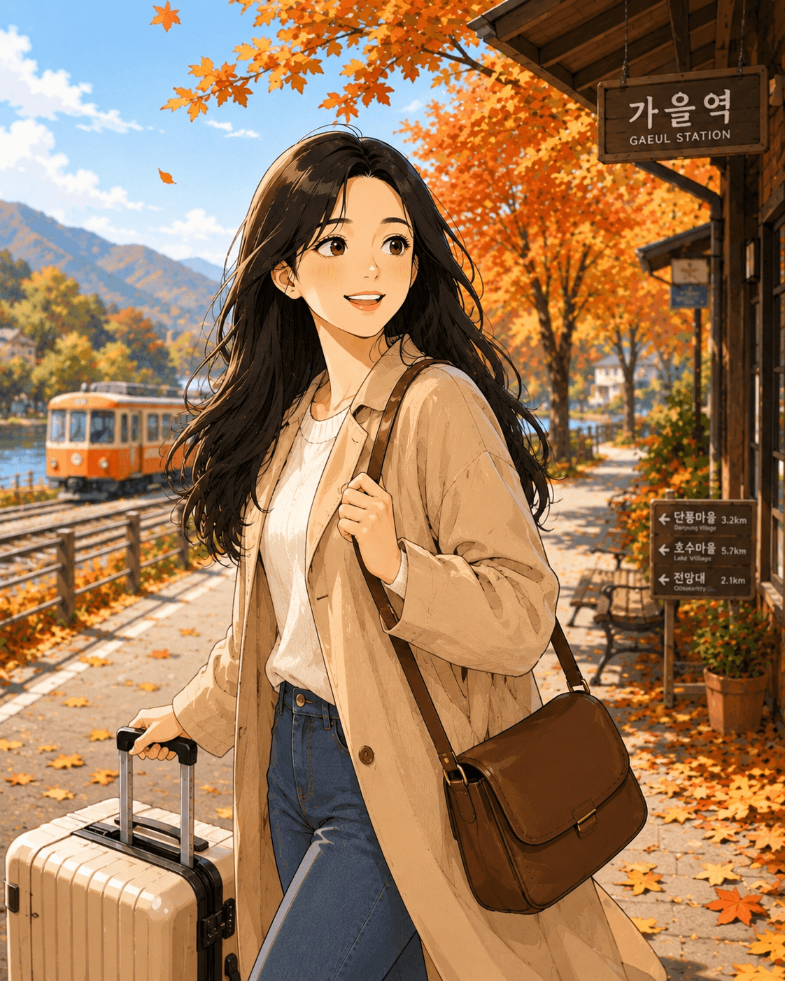 가을의 아름다운 풍경 속에서 가을역으로 향하는 여성, 나무 잎들이 붉게 물든 배경과 함께 여행 가방을 끌고 있는 모습.