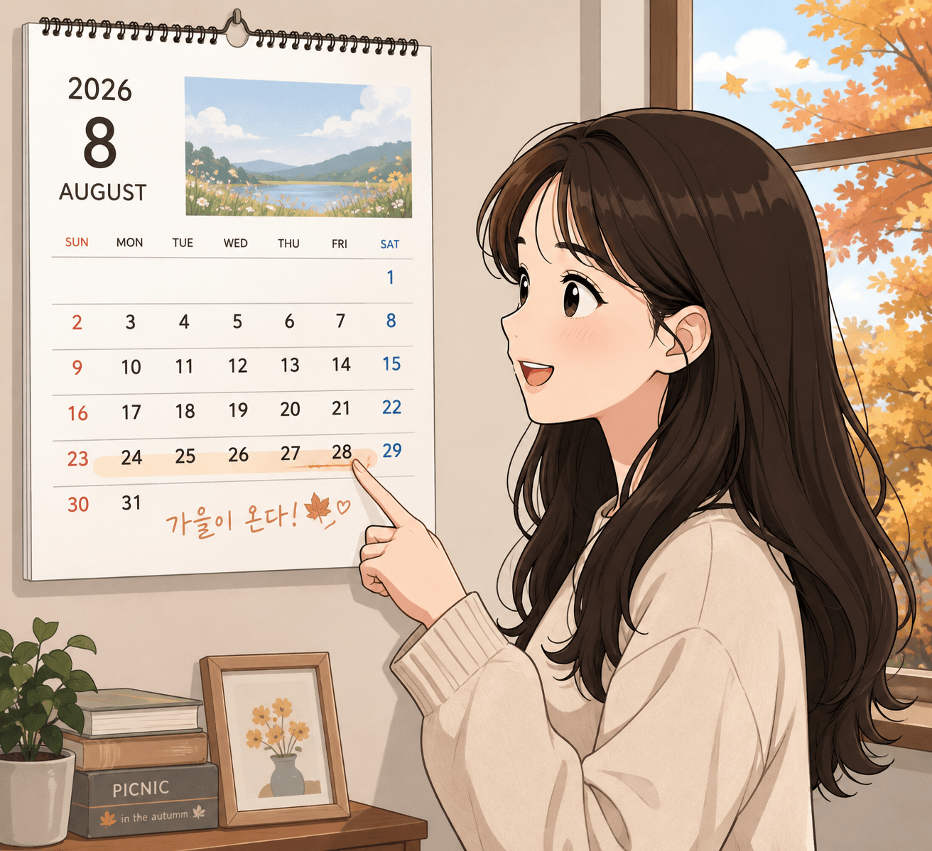 2026년 8월 달력을 가리키며 가을의 시작을 기대하는 여성의 모습. 달력에는 '가을이 온다!'라는 문구가 적혀 있고, 창 밖으로는 가을의 풍경이 보인다.
