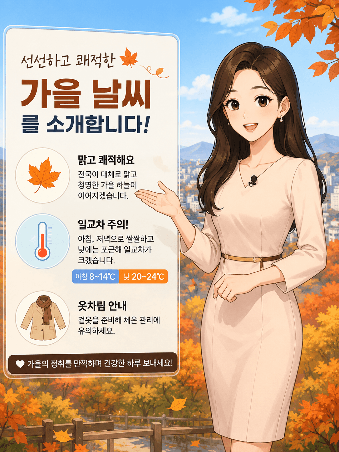 가을 날씨를 소개하는 이미지로, 맑고 청명한 하늘과 함께 기온 정보 및 옷차림 조언이 포함되어 있습니다. 9월 1일 입추를 맞아 가을 날씨의 특징을 설명하고 있습니다.