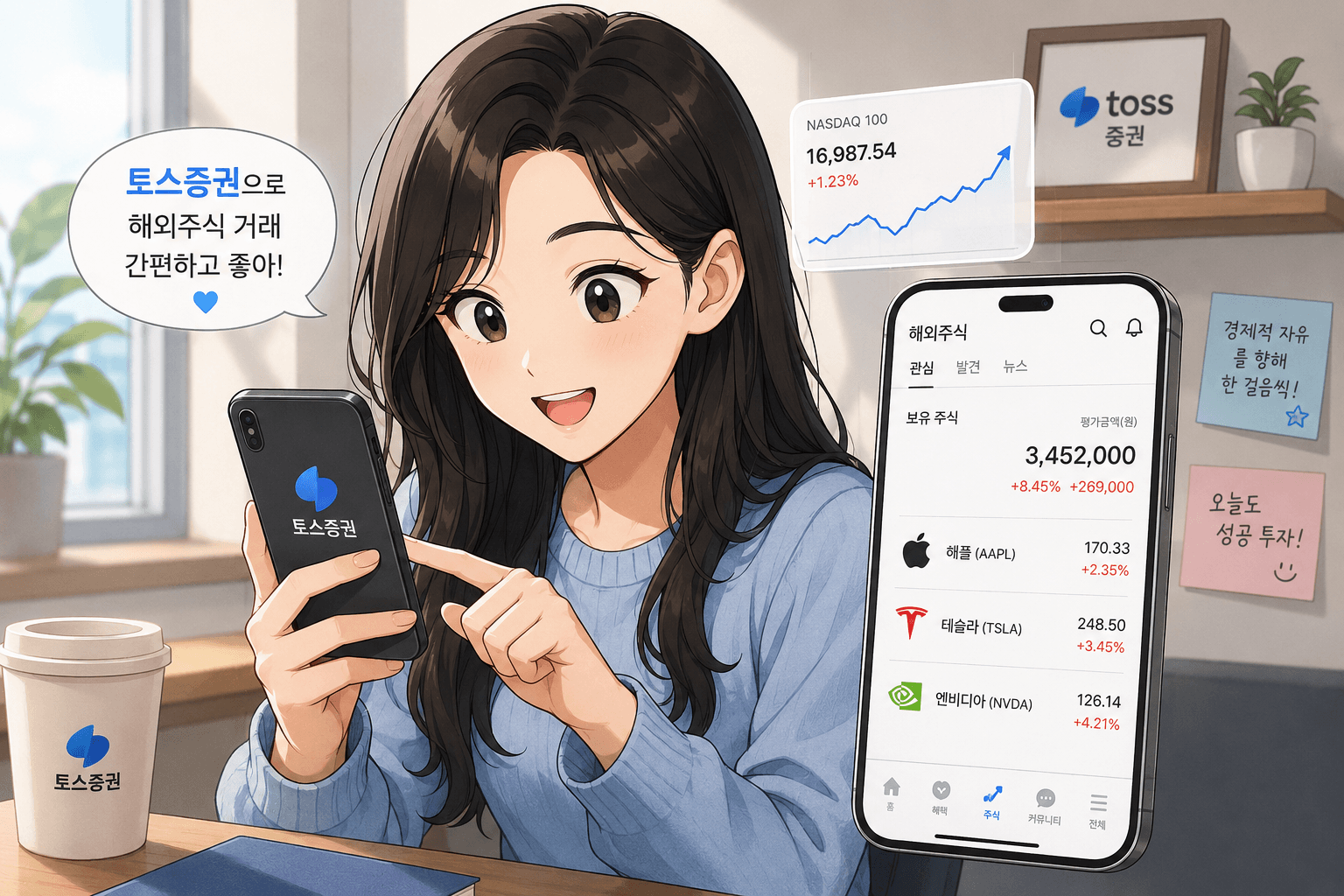 토스증권에서 해외주식 거래를 하는 여성의 모습, 스마트폰 화면에 애플, 테슬라, 엔비디아 주식 정보 표시, 배경에 NASDAQ 차트와 토스 로고가 있는 사무실 환경.