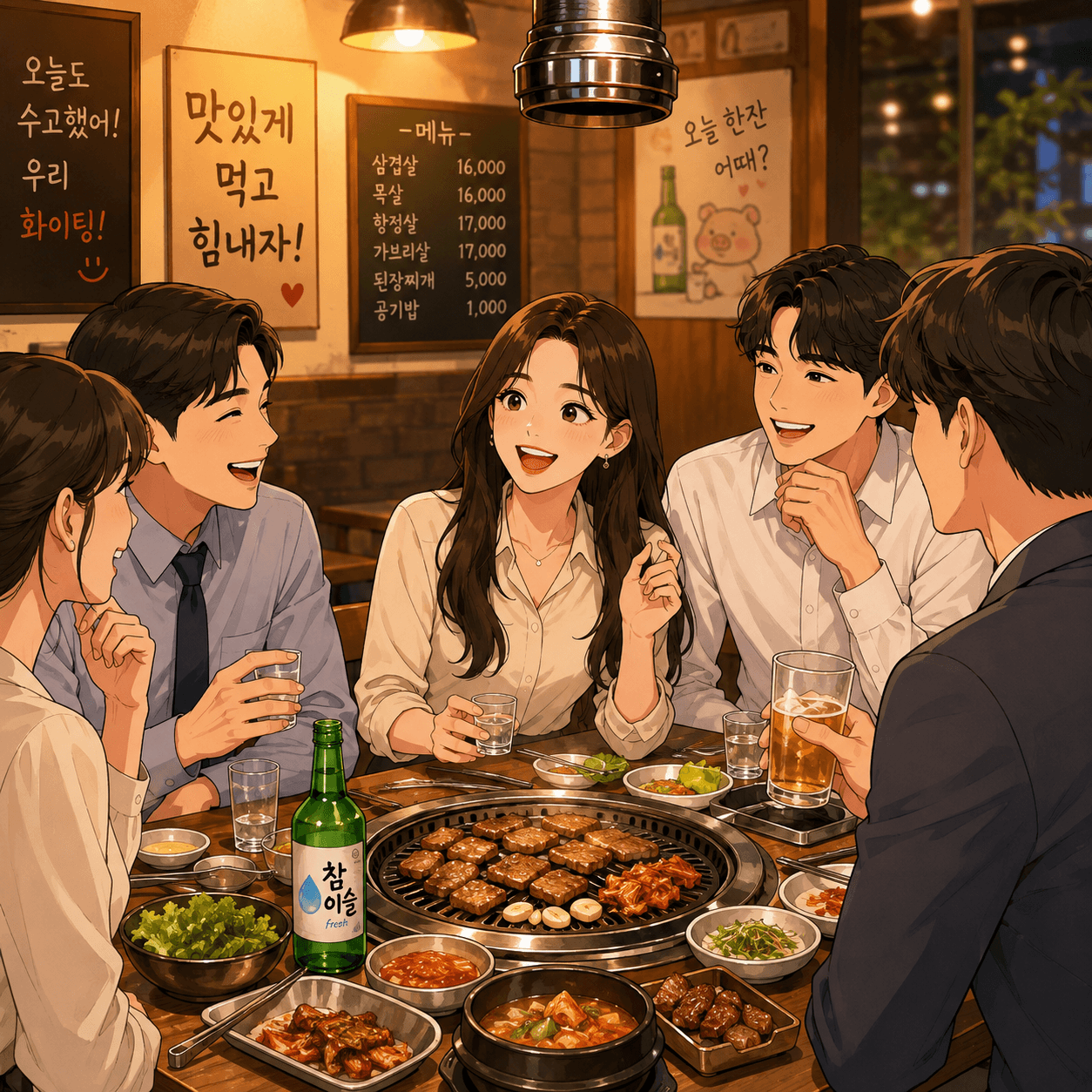 직장인들이 함께 모여 고기와 음료를 즐기며 대화하는 장면, 아늑한 분위기의 식당에서 아재개그를 나누는 모습. 테이블 위에는 다양한 음식과 음료가 놓여 있고, 메뉴판이 배경에 보임.