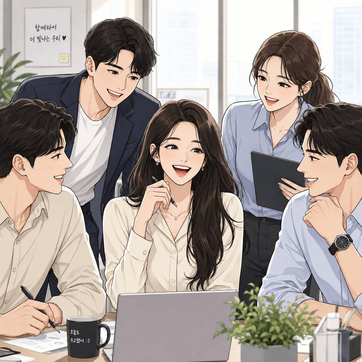 직장인들이 모여 앉아 웃으며 대화하는 모습으로, 노트북과 커피컵이 있는 사무실 환경에서 아이스 브레이킹을 위한 아재개그를 나누는 장면.