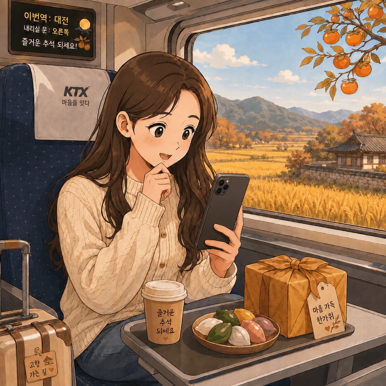 KTX 기차 안에서 스마트폰을 사용하는 여성, 창 밖으로 보이는 가을 풍경과 함께 다과가 놓인 테이블. 추석 여행을 즐기는 모습.