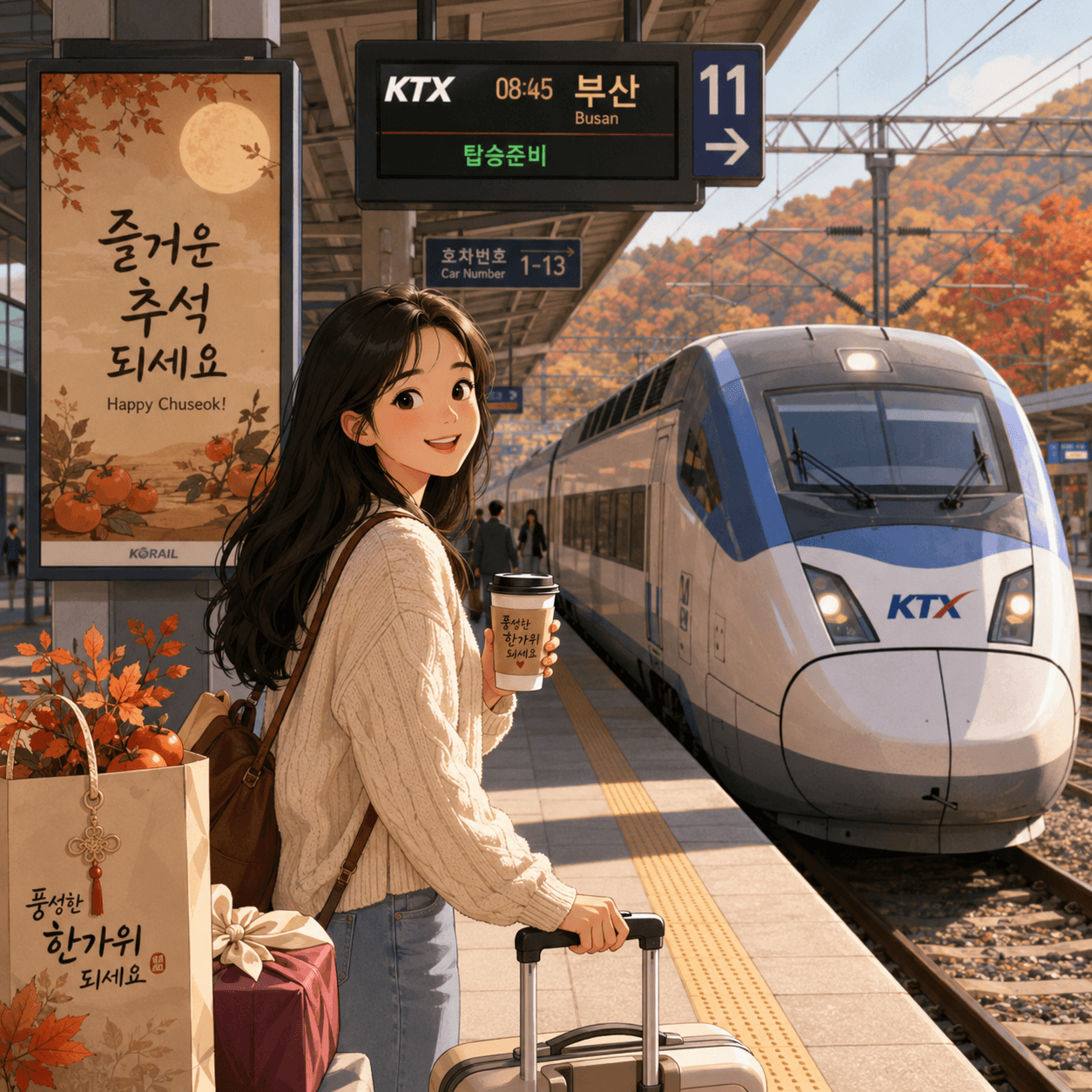 KTX 기차역에서 추석을 맞이한 여성 여행자가 커피를 들고 가방과 짐을 끌고 있는 모습, 배경에는 가을 풍경과 부산행 기차가 보임.