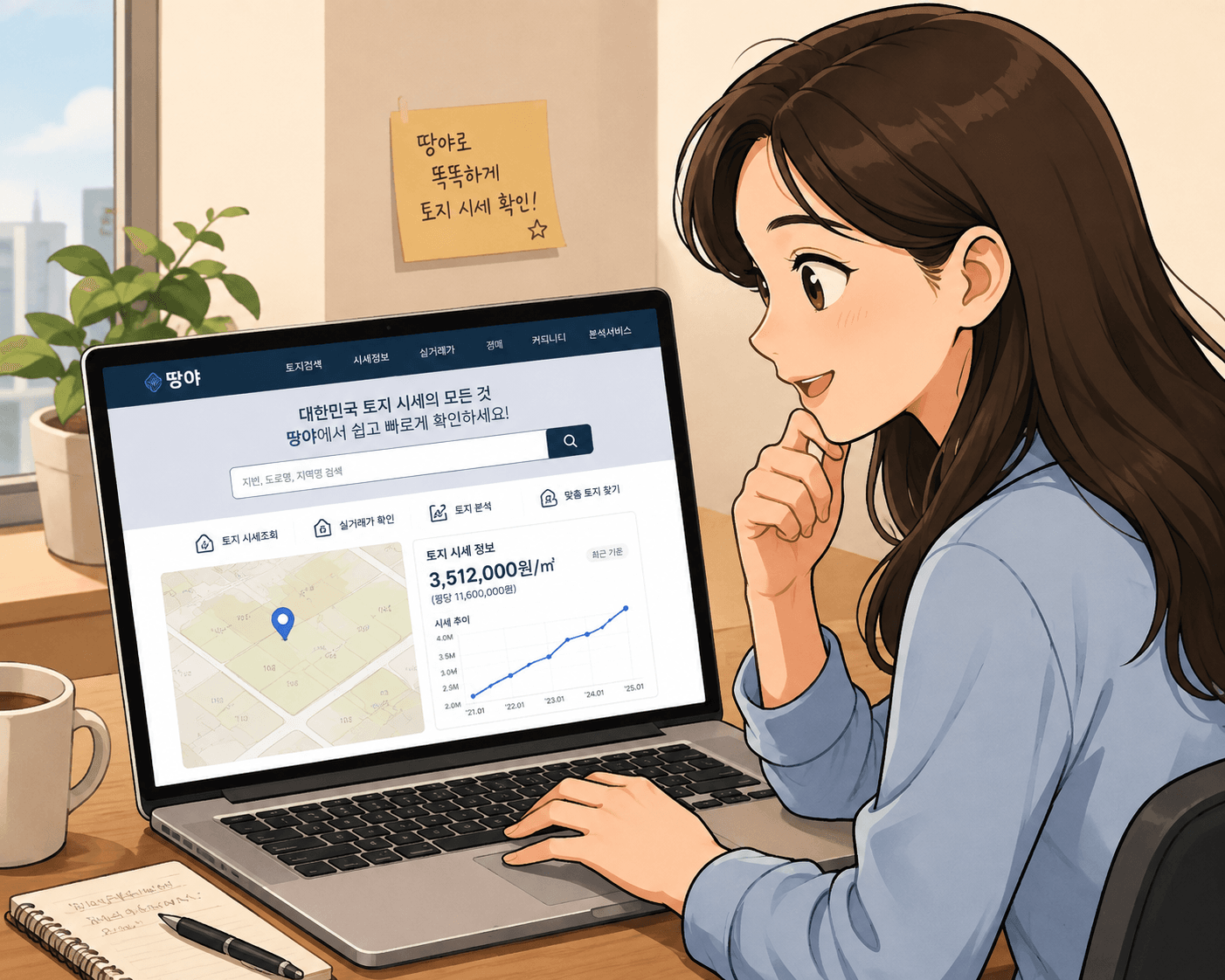 땅야 웹사이트에서 토지 시세 정보를 확인하는 여성의 모습, 화면에는 토지 시세 및 실거래가 데이터가 표시되어 있음.