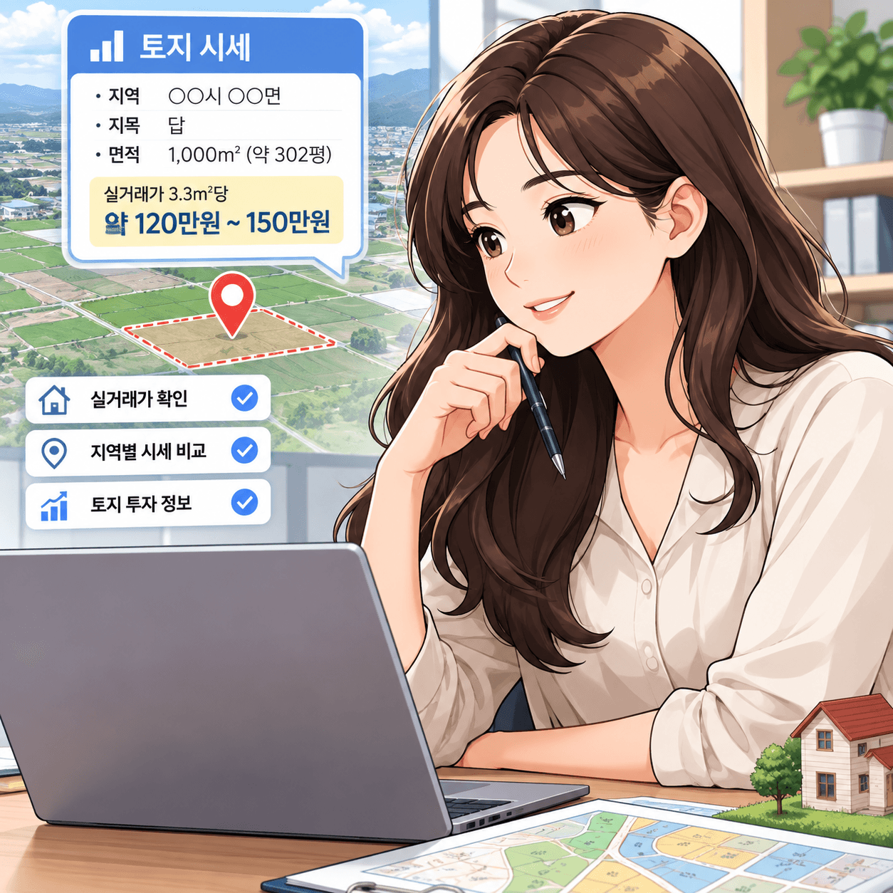 토지 시세 정보를 확인하는 여성과 함께하는 이미지로, 화면에는 지역, 지목, 면적, 실거래가 정보가 표시되어 있으며, 토지 투자와 관련된 다양한 옵션을 보여줍니다.