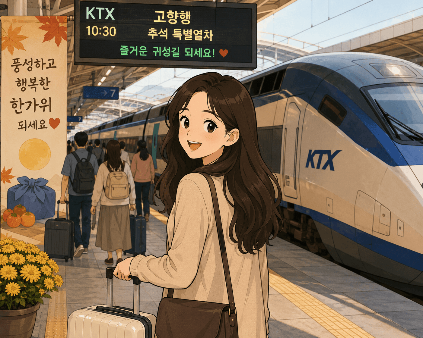 KTX 기차역에서 추석 특별열차를 기다리는 여성, 여행 가방을 들고 밝은 미소를 지으며 카메라를 바라보고 있는 모습. 배경에는 "풍성하고 행복한 한가위 되세요"라는 문구와 함께 화분에 담긴 꽃과 과일이 있는 풍경.