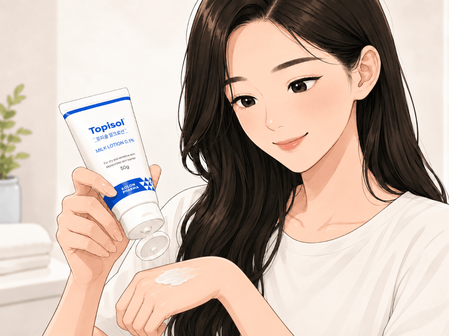 토피솔 밀크로션을 손에 짜고 있는 여성의 모습, 피부 보습과 진정 효과를 강조하는 이미지.
