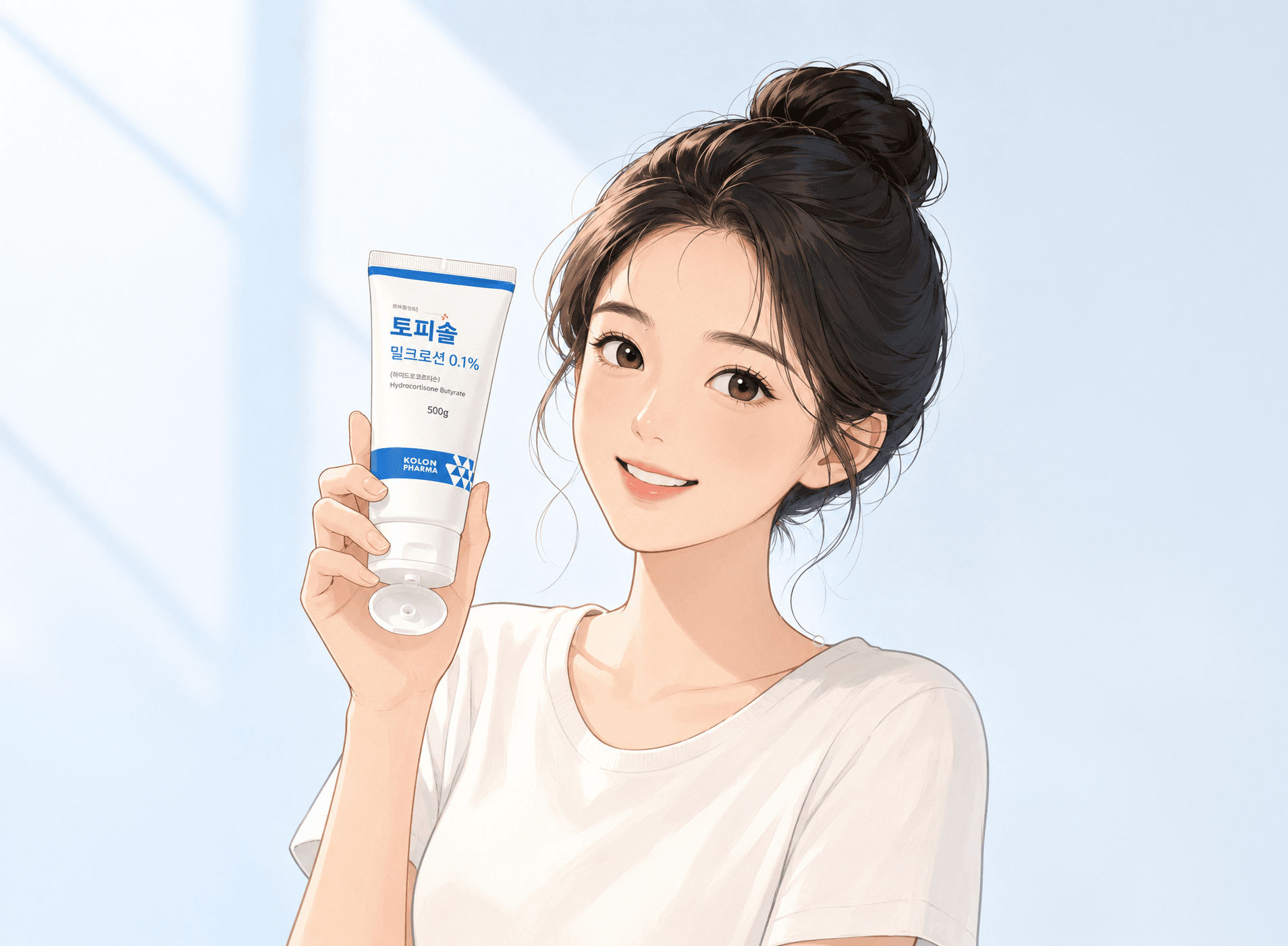 토피솔 밀크로션을 들고 있는 여성 모델, 제품의 효능 및 사용법을 강조하는 이미지.