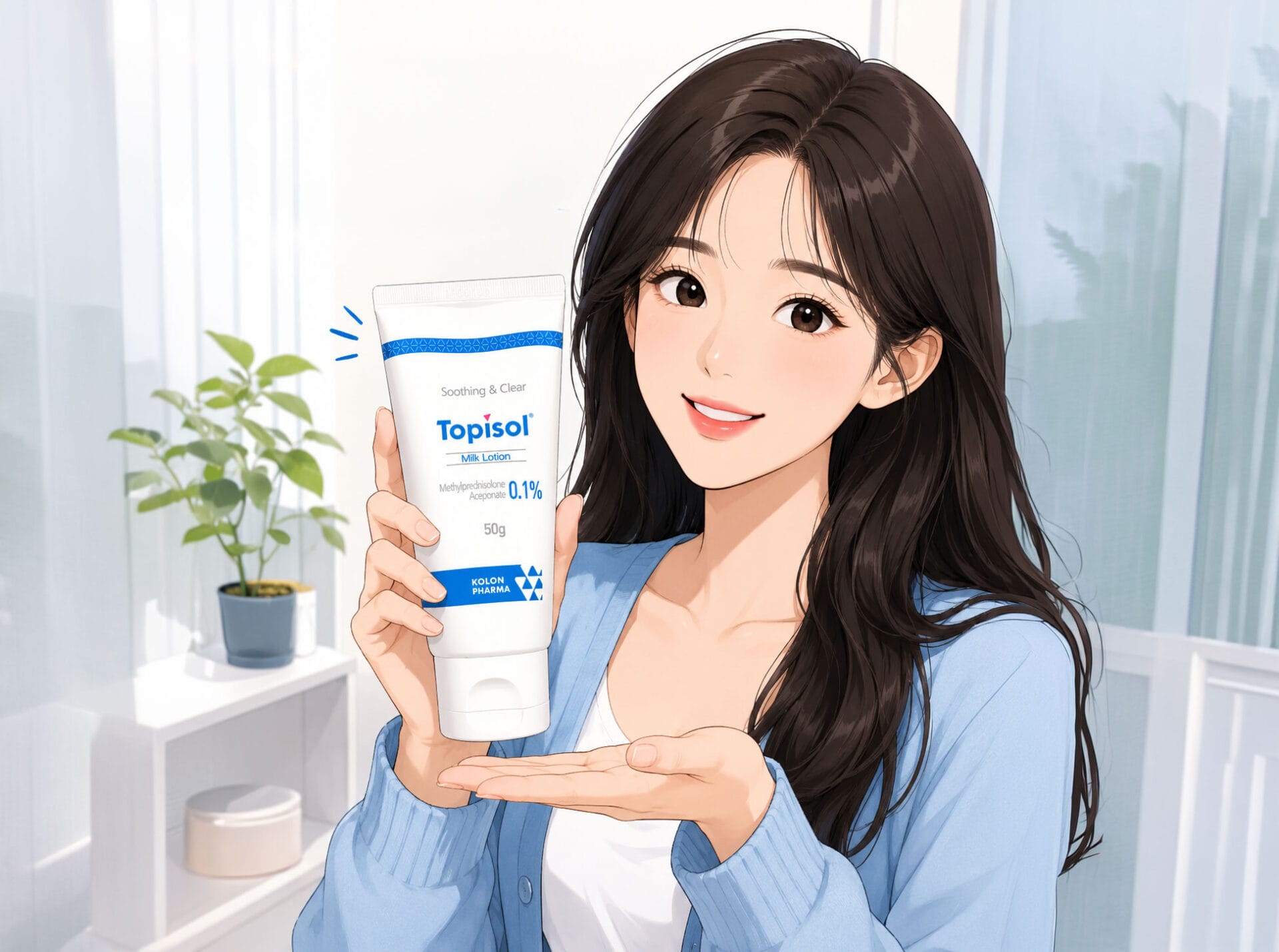 토피솔 밀크로션을 들고 있는 여성의 모습, 제품은 0.1% 메틸프레드니솔론 아세포네이트 성분을 포함하며, 피부 진정과 여드름 치료에 도움을 줄 수 있는 효능을 강조. 배경에는 식물이 있는 밝은 실내 환경.