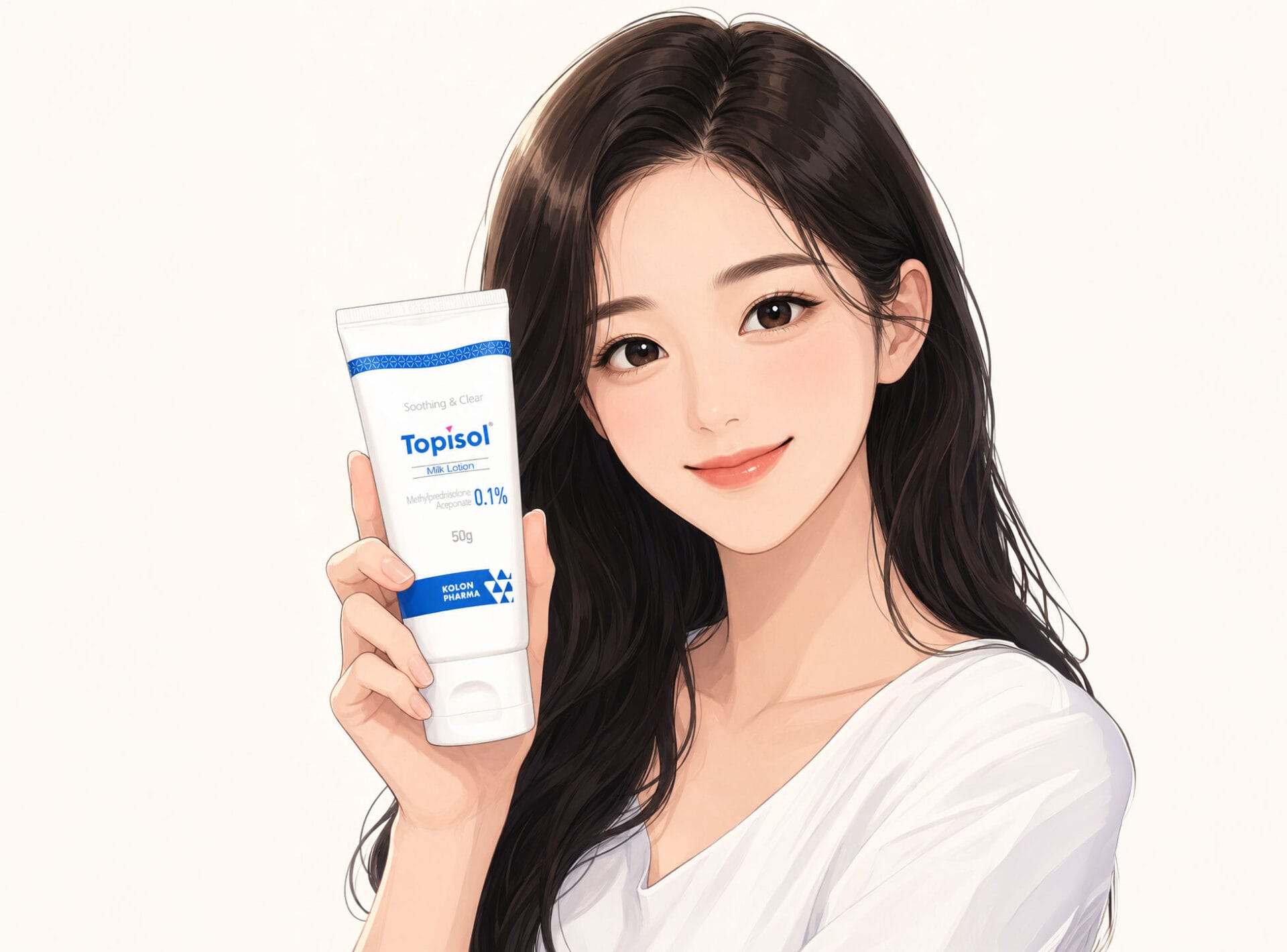 토피솔 밀크로션을 들고 있는 여성의 이미지로, 제품의 효능과 사용법을 설명하는 페이지와 관련이 있습니다.