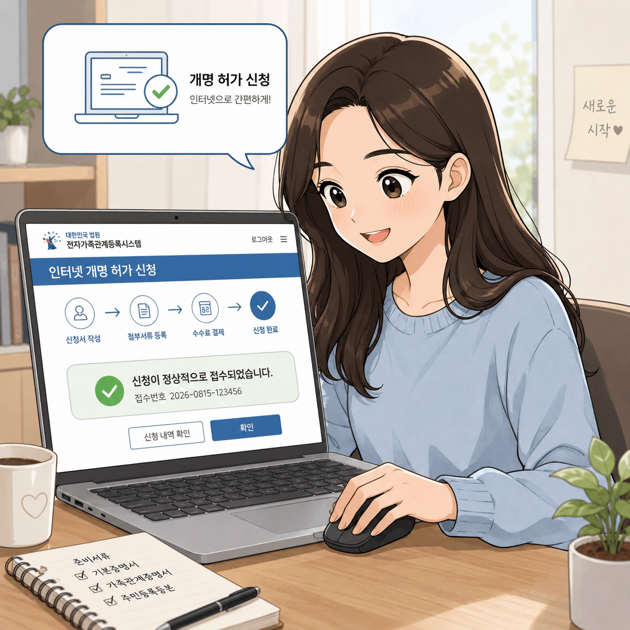 인터넷에서 개명 허가 신청을 하는 여성의 모습, 신청서 작성과 절차를 간편하게 진행하는 화면을 보여줌.