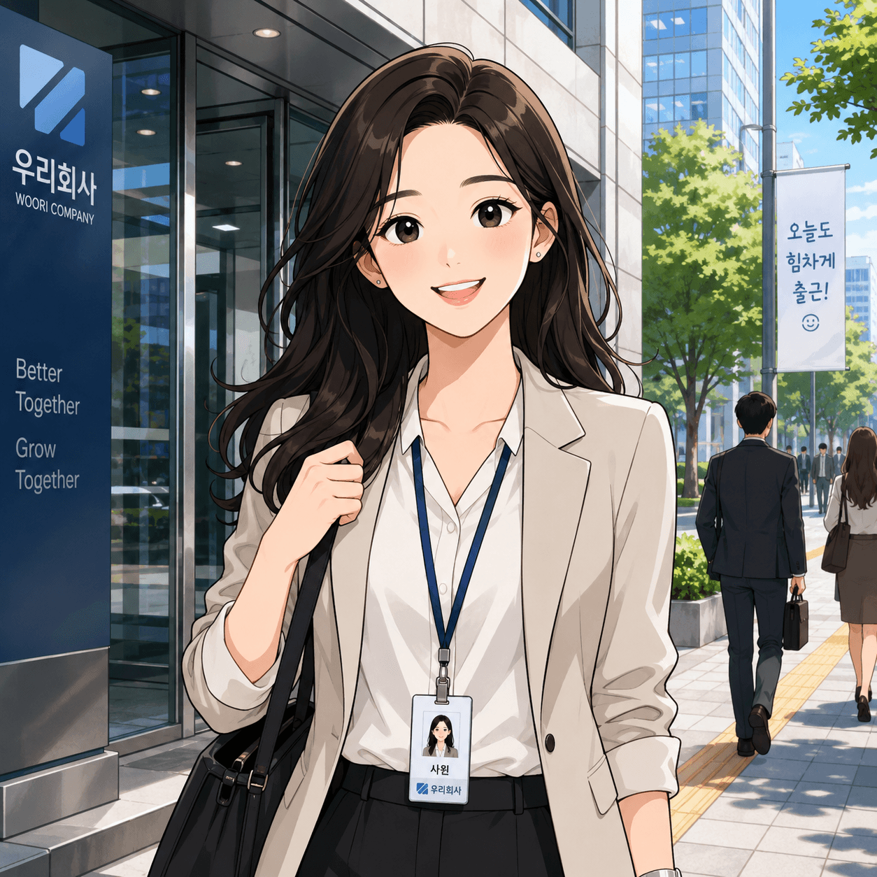 우리회사 앞에서 미소를 짓고 있는 여성 직장인의 이미지로, 개명신청 방법 및 절차와 관련된 내용에 적합한 비즈니스 환경을 보여줍니다.