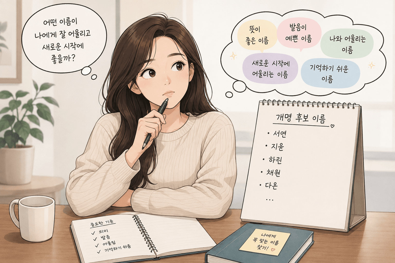 개명 신청을 고민하는 여성의 이미지로, 여러 이름 후보와 선택 기준(발음, 의미, 기억하기 쉬움)에 대해 생각하고 있는 모습. 배경에는 식물과 다이어리, 커피 컵이 배치되어 있어 아늑한 분위기를 자아냄.