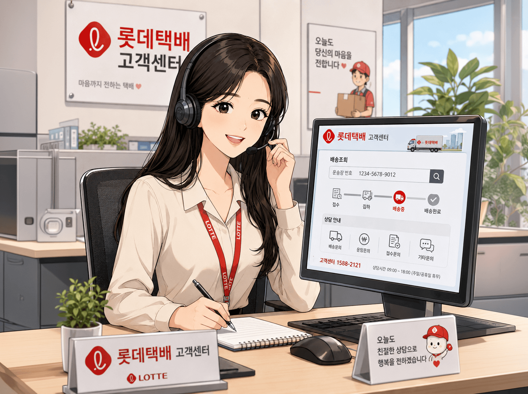 롯데택배 고객센터에서 상담원과 컴퓨터 화면을 통해 배송 조회 서비스를 제공하는 모습, 고객 친절을 강조하는 사무실 환경.