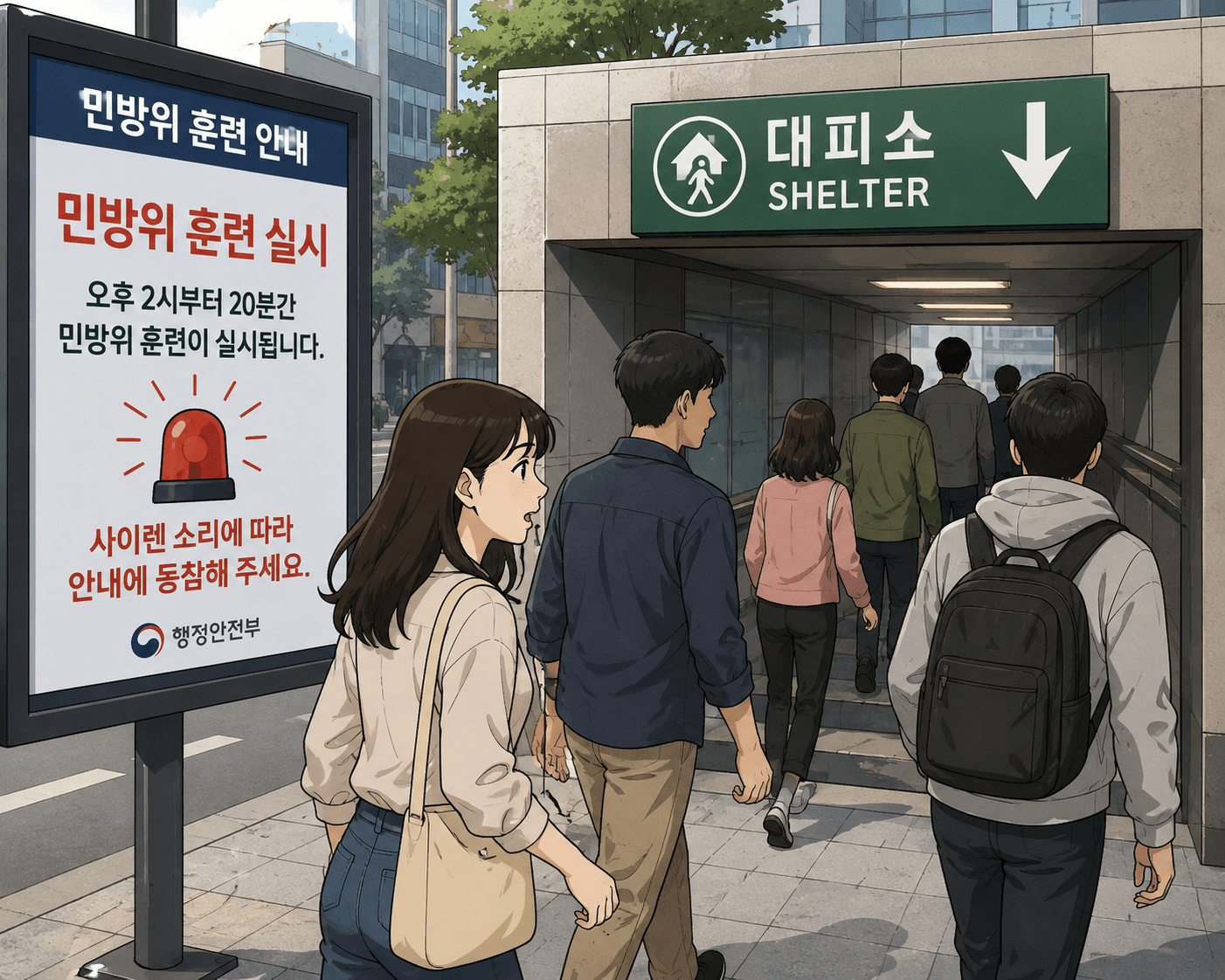 민방위 훈련 안내 게시판과 대피소로 향하는 시민들이 보이는 이미지. 게시판에는 민방위 훈련 실시 시간과 사이렌 소리에 따른 행동 안내가 적혀 있다.