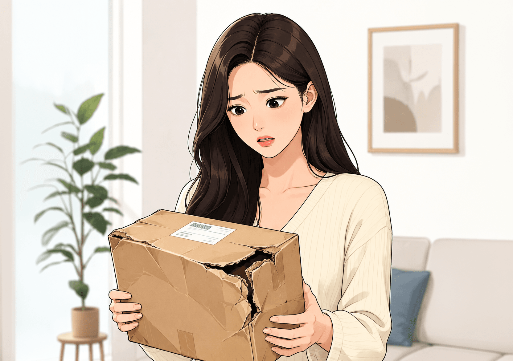 파손된 택배 상자를 들고 놀란 표정을 짓고 있는 여성의 일러스트. 택배 훼손 및 파손 피해 보상 청구 방법에 대한 정보와 관련된 이미지.