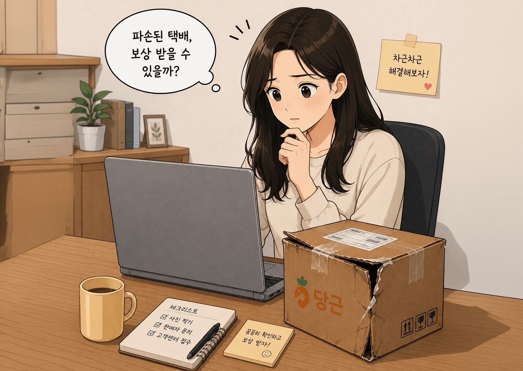 파손된 택배에 대한 보상 청구 방법을 고민하는 여성과 택배 박스, 체크리스트가 있는 사무실 모습.