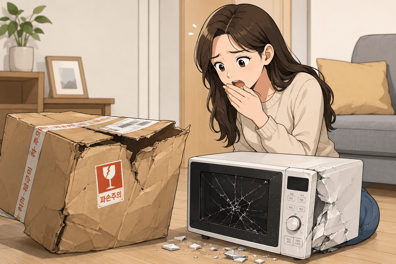 택배 상자가 파손되어 내부의 전자레인지가 깨진 상황을 표현한 이미지. 여성 캐릭터가 상자와 전자레인지의 파손을 보고 놀라며 손을 입에 대고 있는 모습으로, 택배 훼손 및 파손 피해에 대한 경각심을 일깨우는 내용.