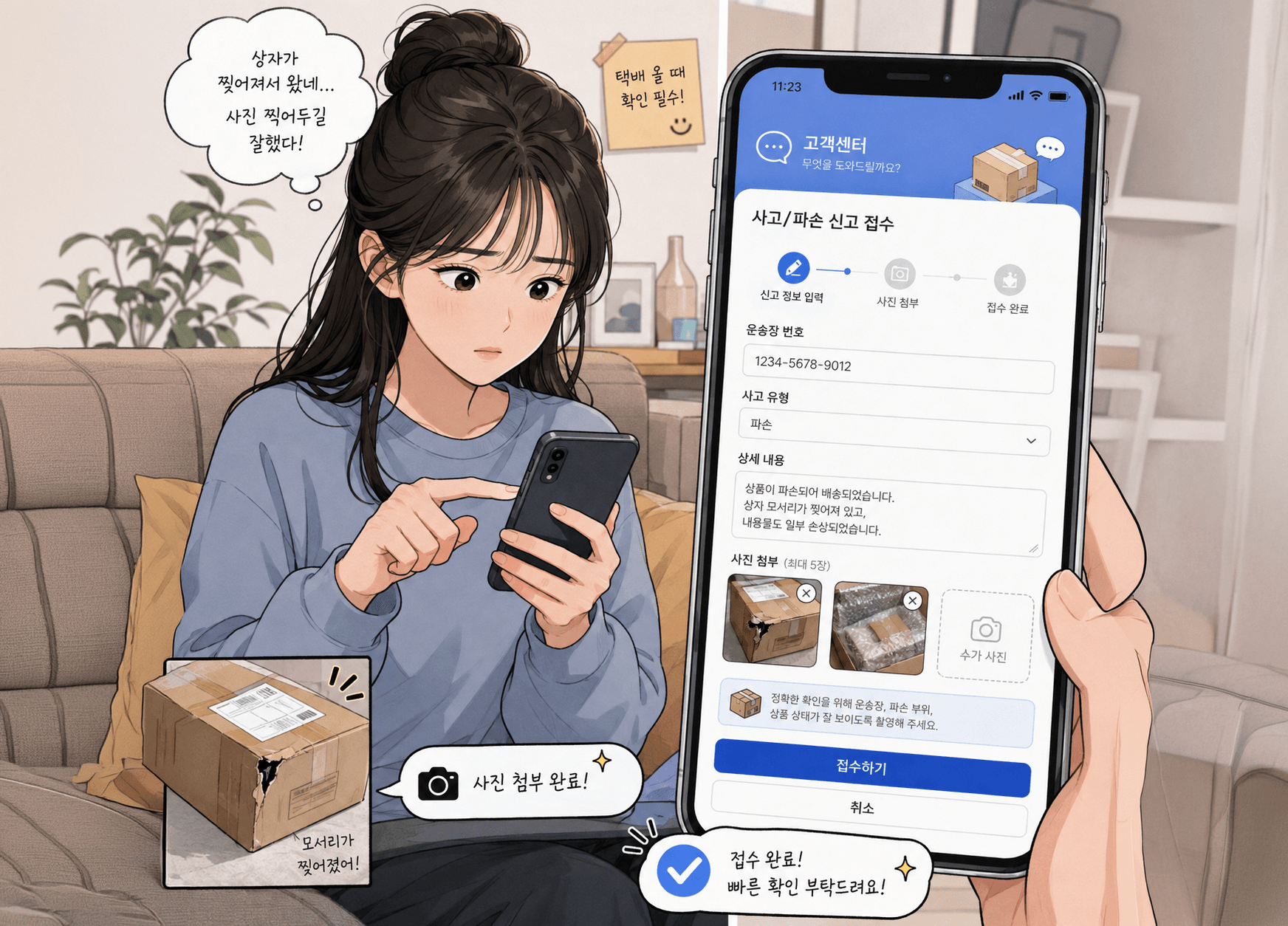 택배 파손 보상 청구를 위해 스마트폰으로 사고 신고를 진행하는 여성, 손에는 손상된 상자가 보이는 이미지.