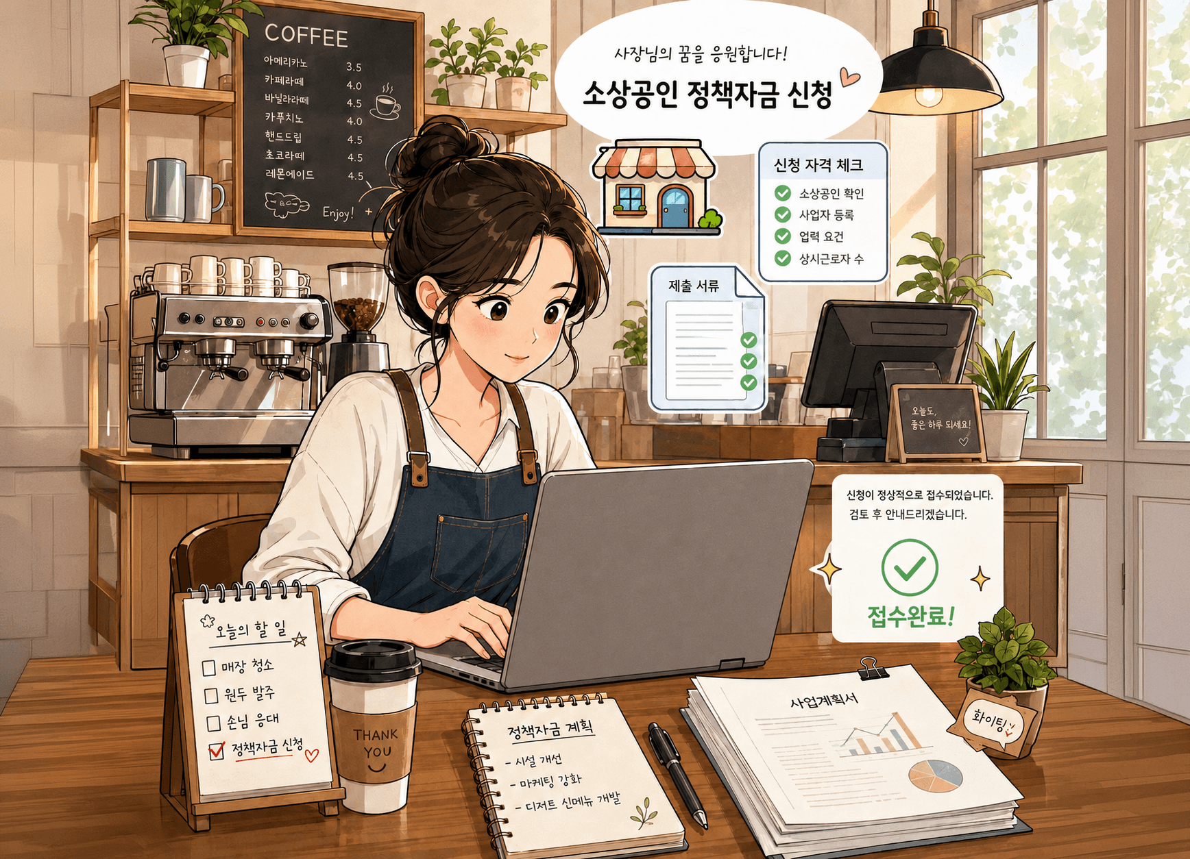 소상공인 정책자금 신청을 위한 정보를 찾고 있는 여성의 모습, 카페에서 노트북으로 작업 중이며, 주변에 커피 기계, 서류, 체크리스트가 있는 장면. 2026년 하반기 소상공인 정책자금 신청 조건 및 저금리 대환대출 자격 관련 내용 강조.