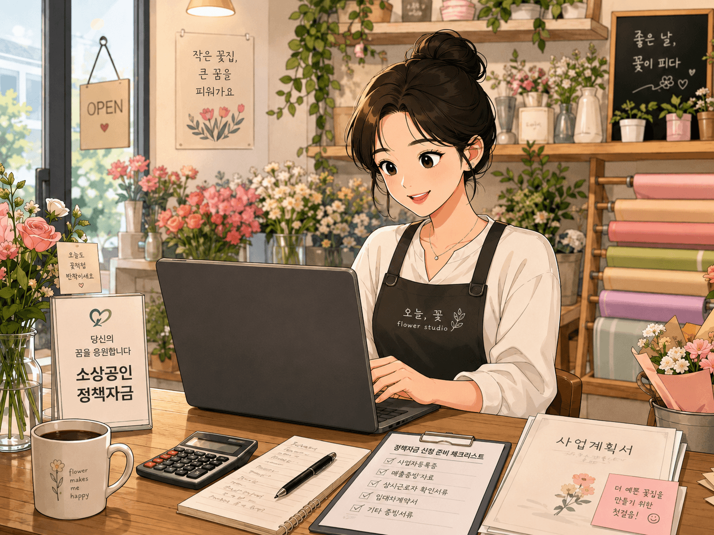 꽃집에서 일하는 여성의 모습과 소상공인 정책자금 안내서가 있는 책상, 노트북과 계산기가 놓여 있으며, 주변에 다양한 꽃들이 배치된 아늑한 카페 환경을 보여줌.