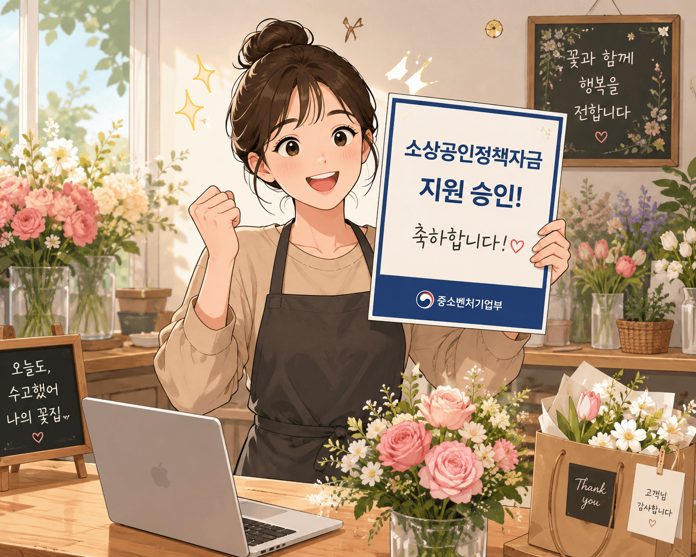 소상공인 정책자금 지원 승인을 기뻐하는 여성의 모습, 꽃과 함께 행복을 전하는 분위기의 플로리스트 가게 배경.