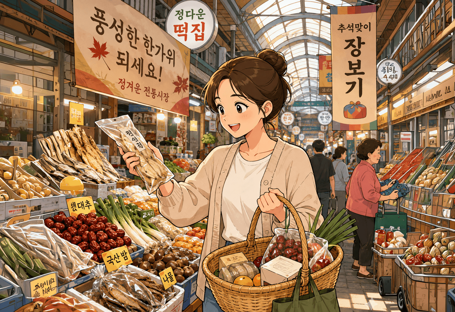 2026 추석 민생지원금 관련 정보를 담고 있는 페이지에 적합한 이미지로, 전통 시장에서 장을 보는 젊은 여성과 다양한 신선한 농산물이 담겨 있습니다. 시장의 활기찬 분위기와 추석에 맞는 식재료를 강조합니다.