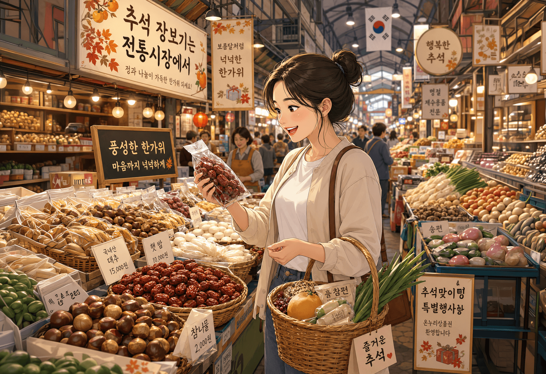 전통시장에서 다양한 한가위 상품을 살펴보는 여성, 손에 포장된 대추를 들고 있으며, 바구니에는 신선한 채소와 과일이 담겨있음. 배경에는 추석 관련 상점과 상품들이 가득한 모습.