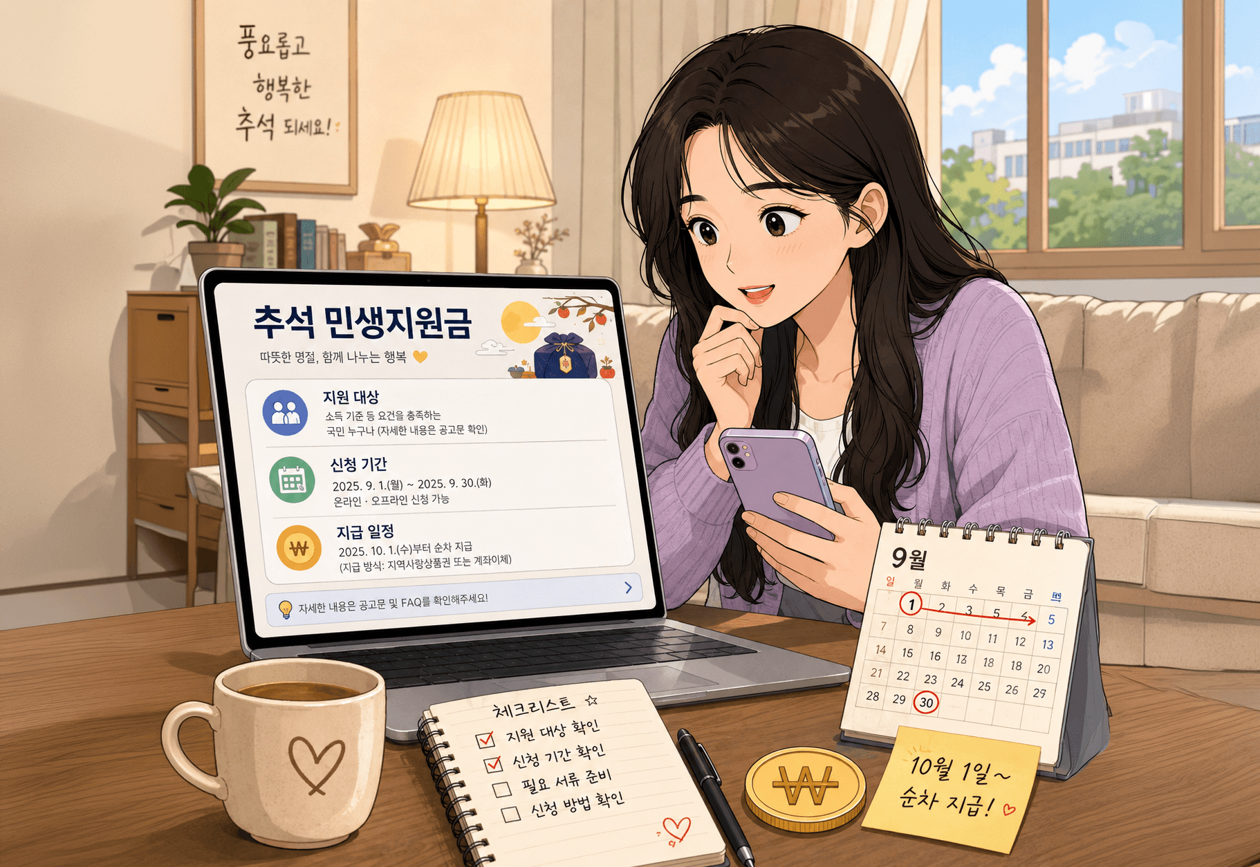 2026 추석 민생지원금 신청 정보를 확인하는 여성의 모습, 노트북 화면에 지원 대상, 신청 기간, 지급 일정이 표시되어 있으며, 테이블 위에는 체크리스트와 커피컵이 놓여있음.