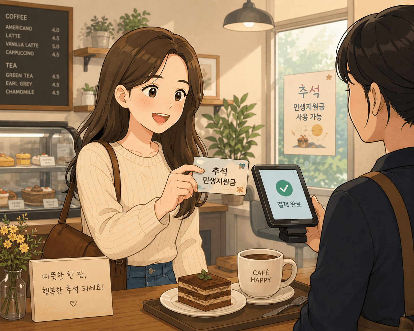 2026 추석 민생지원금을 사용하는 여성과 카페 직원의 모습, 카운터에 케이크와 커피가 놓여 있으며, 결제 완료 화면이 보이는 태블릿이 있다.
