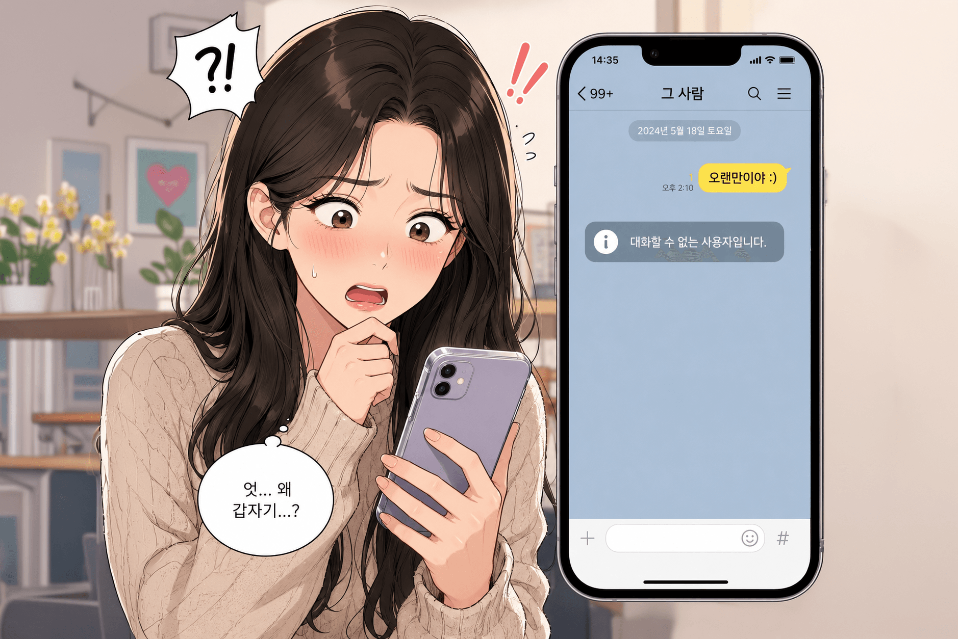 카카오톡에서 '대화할 수 없는 사용자입니다' 메시지를 받고 놀란 여성의 모습, 스마트폰 화면에는 해당 메시지가 표시됨.
