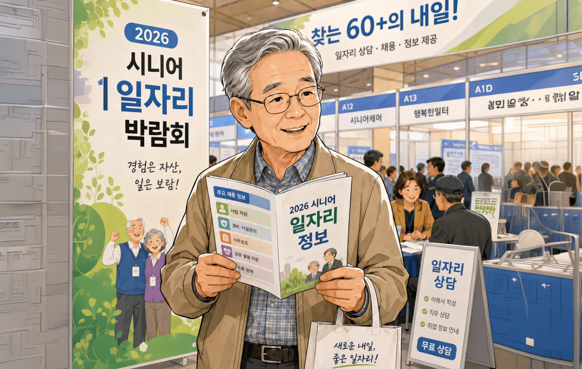2026 서울시 시니어 일자리박람회에서 정보를 확인하는 노인, 다양한 채용 정보와 상담 부스가 배경에 있는 모습.