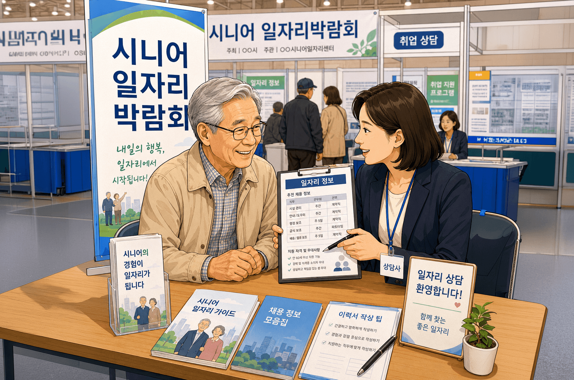 2026 서울시 시니어 일자리박람회에서 상담 중인 여성과 웃고 있는 남성의 모습, 테이블 위에는 시니어 일자리 관련 자료와 정보가 담긴 리플렛들이 놓여 있으며, 배경에는 박람회 안내 배너가 보임.
