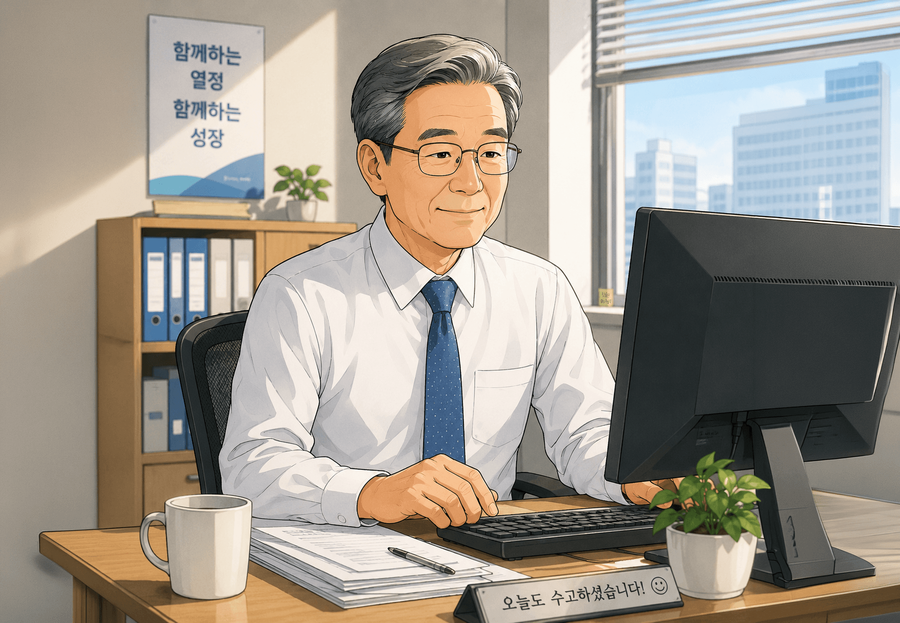 2026 서울시 시니어 일자리박람회 관련 정보 확인 중인 중년 남성, 사무실 환경에서 컴퓨터 앞에 앉아 있으며, 커피잔과 서류가 있는 책상에 집중하는 모습.