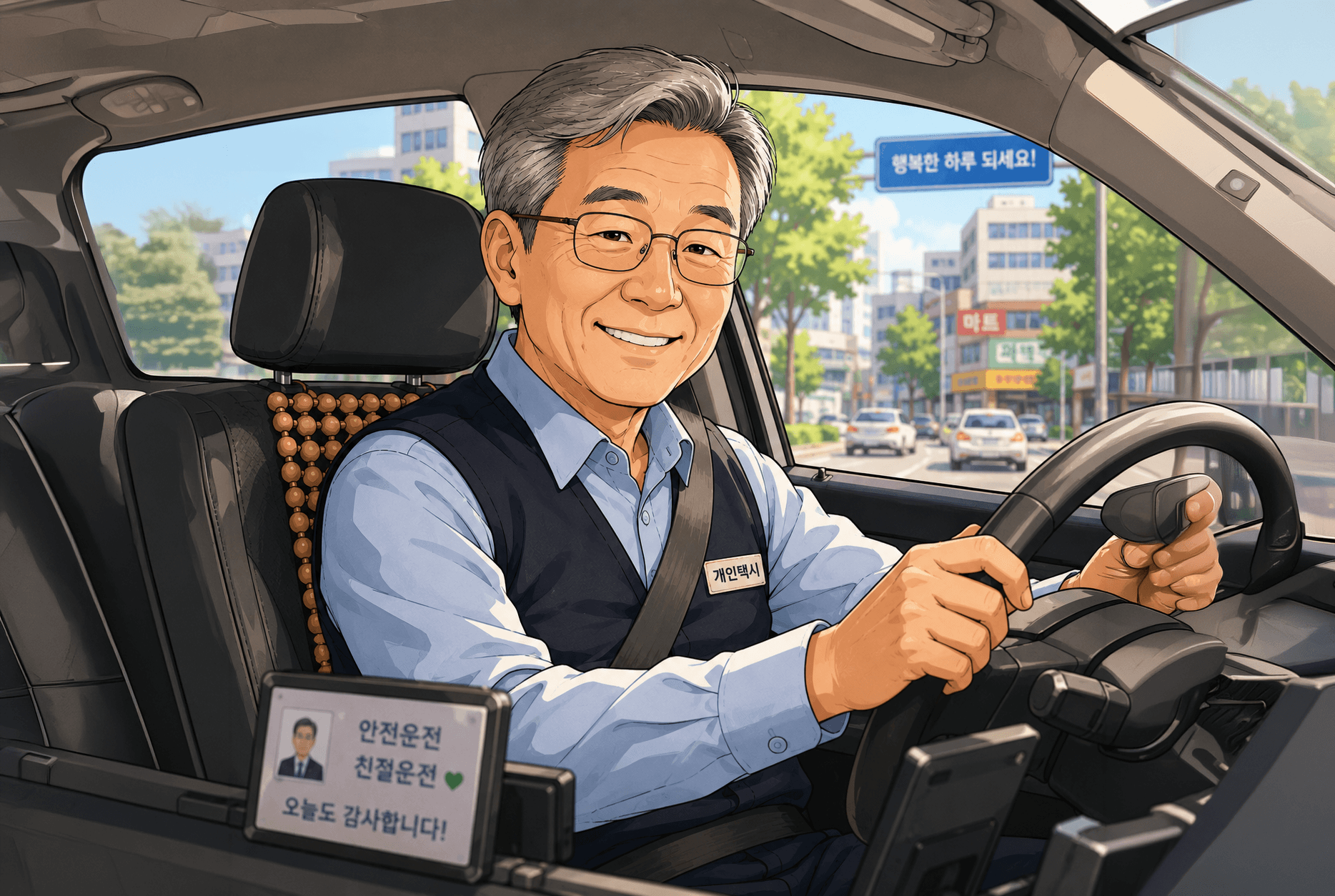 2026 서울시 시니어 일자리박람회와 관련된 개인택시 운전사로, 안전운전과 친절을 강조하는 메시지가 적힌 표지판을 보이며 미소 짓고 있는 노인 남성의 이미지.