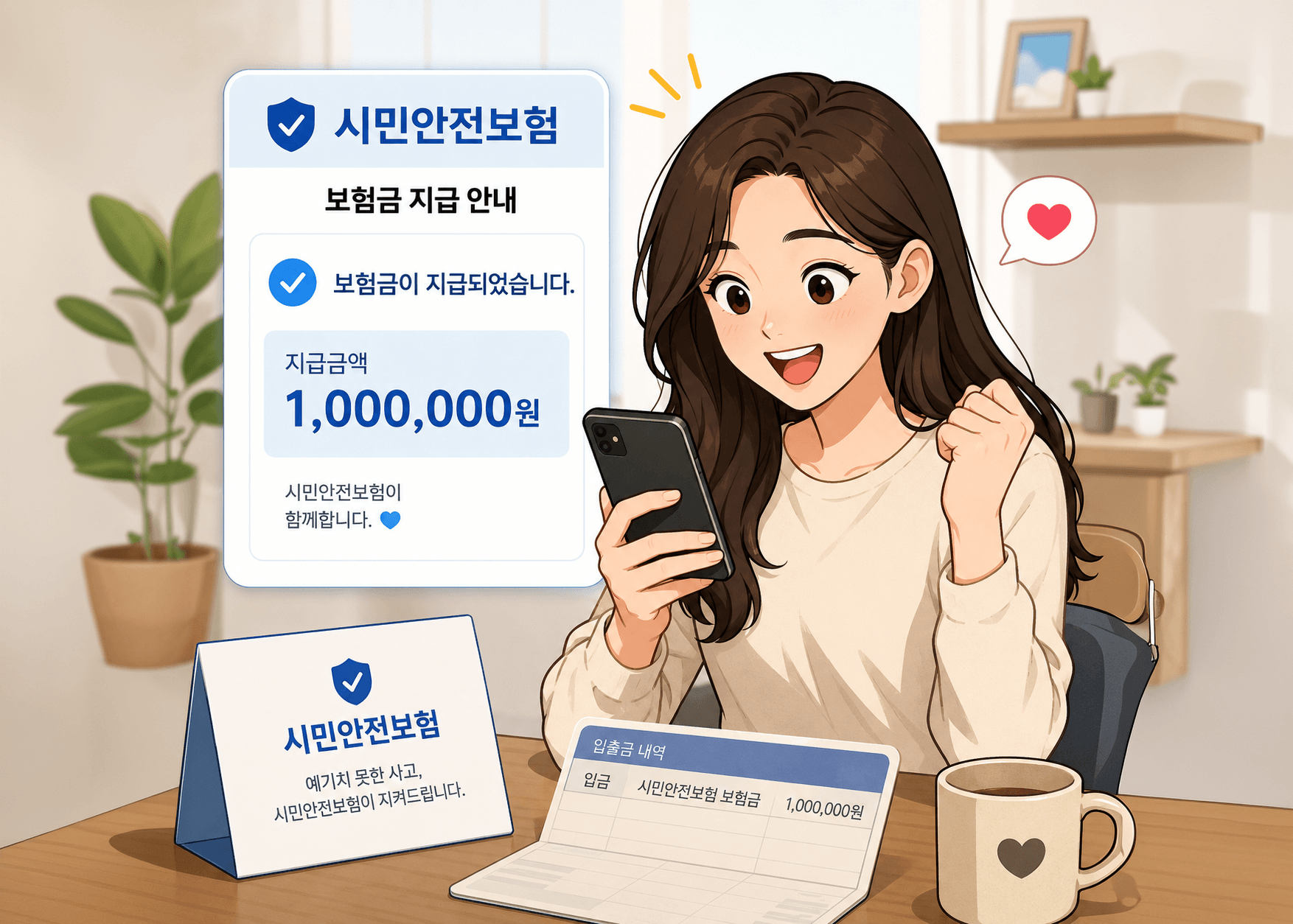 시민안전보험 관련 정보를 확인하는 여성의 모습, 보험금 1,000,000원이 지급되었음을 알리는 화면을 바라보며 기뻐하는 장면. 배경에는 식물과 책상이 있어 편안한 분위기를 연출.