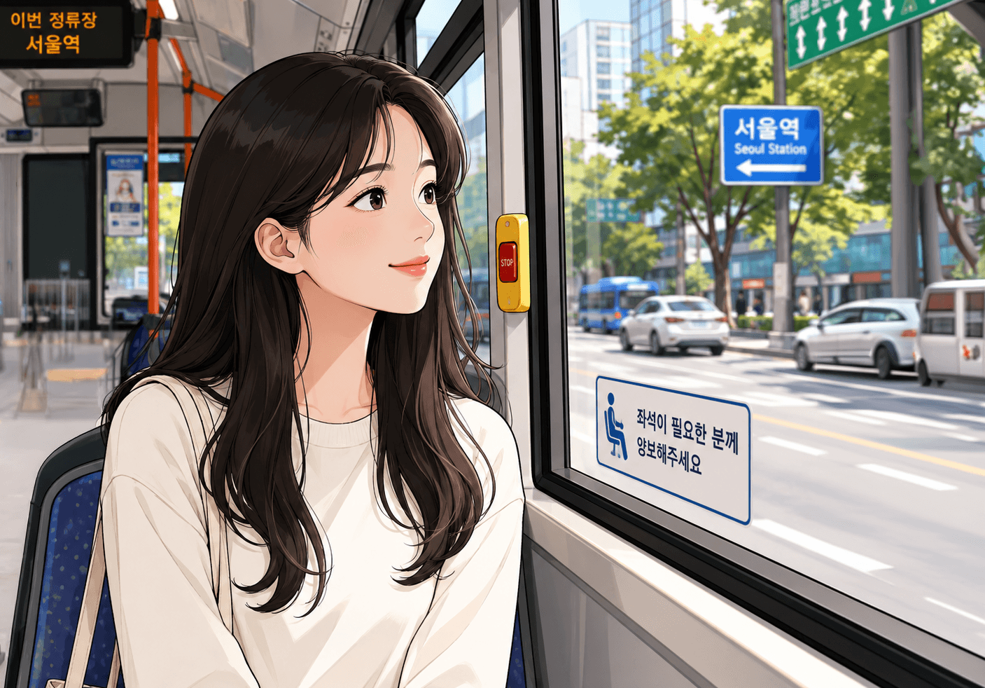 버스 창가에 앉아 서울역 방향을 바라보는 젊은 여성의 모습. 배경에는 서울의 거리와 교통이 보이며, 자리에 앉아야 할 필요성을 알리는 안내문이 보인다.
