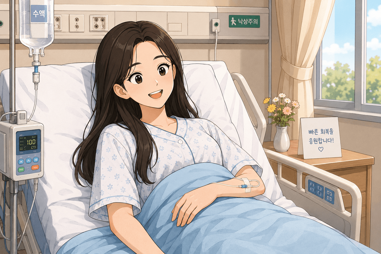 병원 침대에 누워 있는 여성 환자가 미소를 지으며 회복을 응원하는 메시지와 함께 IV 수액을 받고 있는 모습.