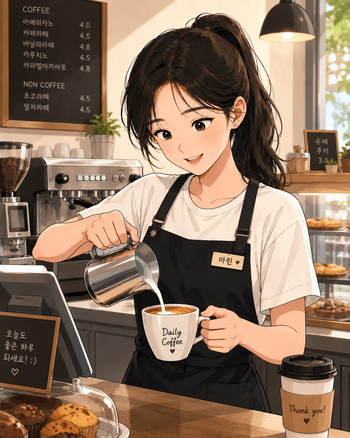 카페에서 바리스타가 커피에 우유를 붓고 있는 모습, 메뉴판과 다양한 디저트가 배경에 있는 일상적인 카페 풍경.