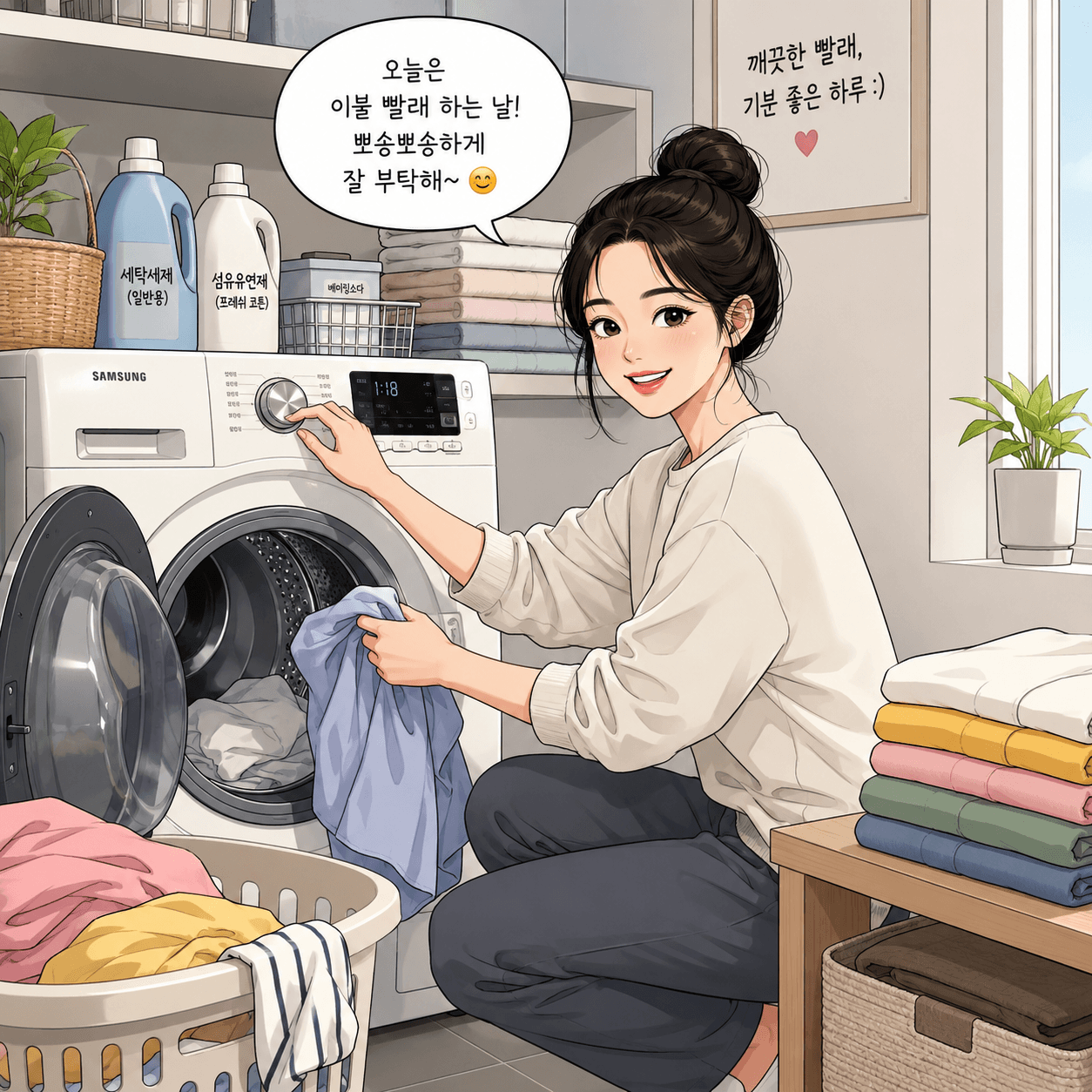 세탁기를 조작하며 빨래를 준비하는 여성의 모습. 삼성 세탁기와 다양한 세탁 세제가 배치된 세탁실 내부. "오늘은 이불 빨래 하는 날!"이라는 메시지가 포함되어 있어 집안일의 일상적인 순간을 보여줌.