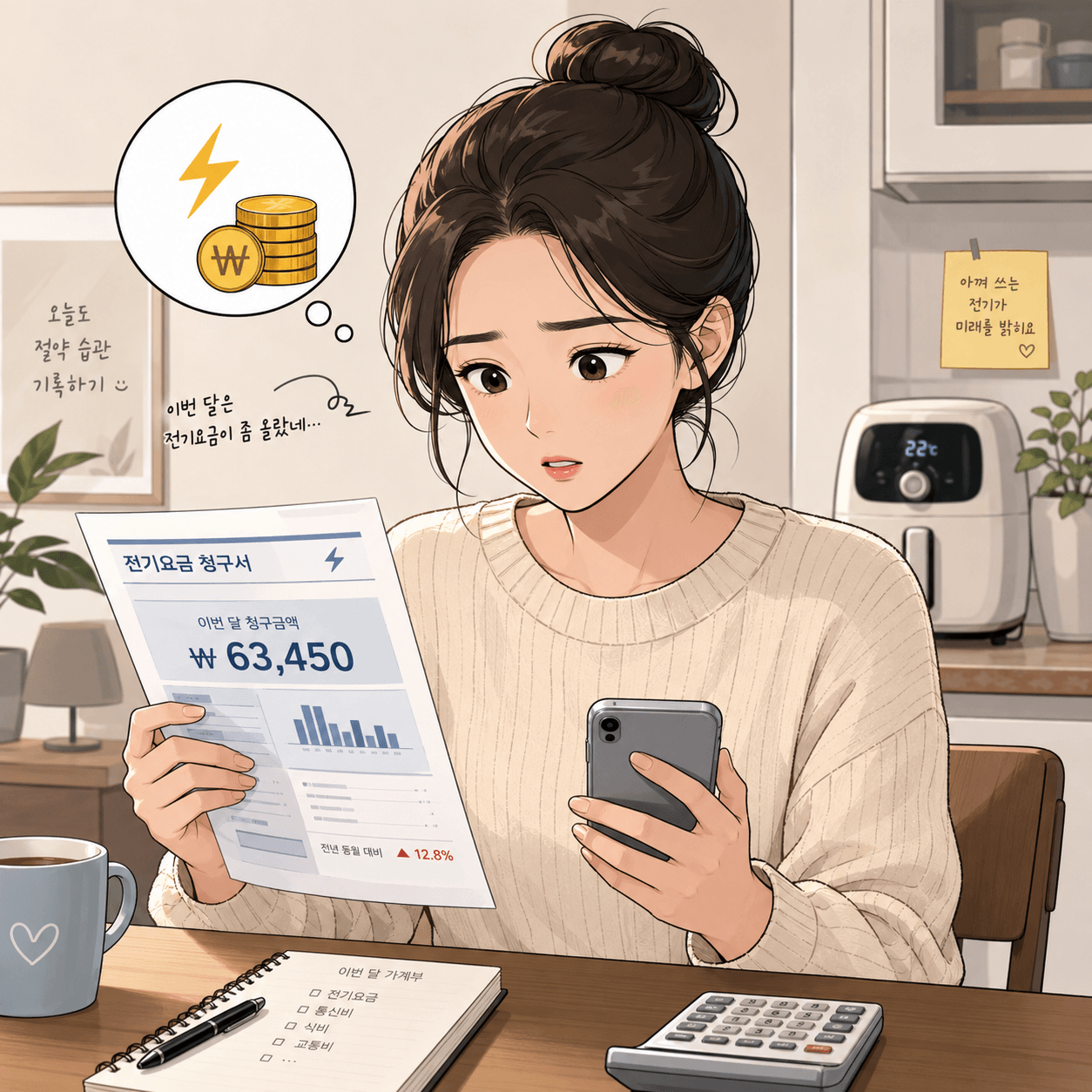 전기요금 청구서를 확인하며 고민하는 여성의 모습, LG 스마트가전의 전기요금 캐시백 신청과 관련된 정보 제공을 위한 이미지.