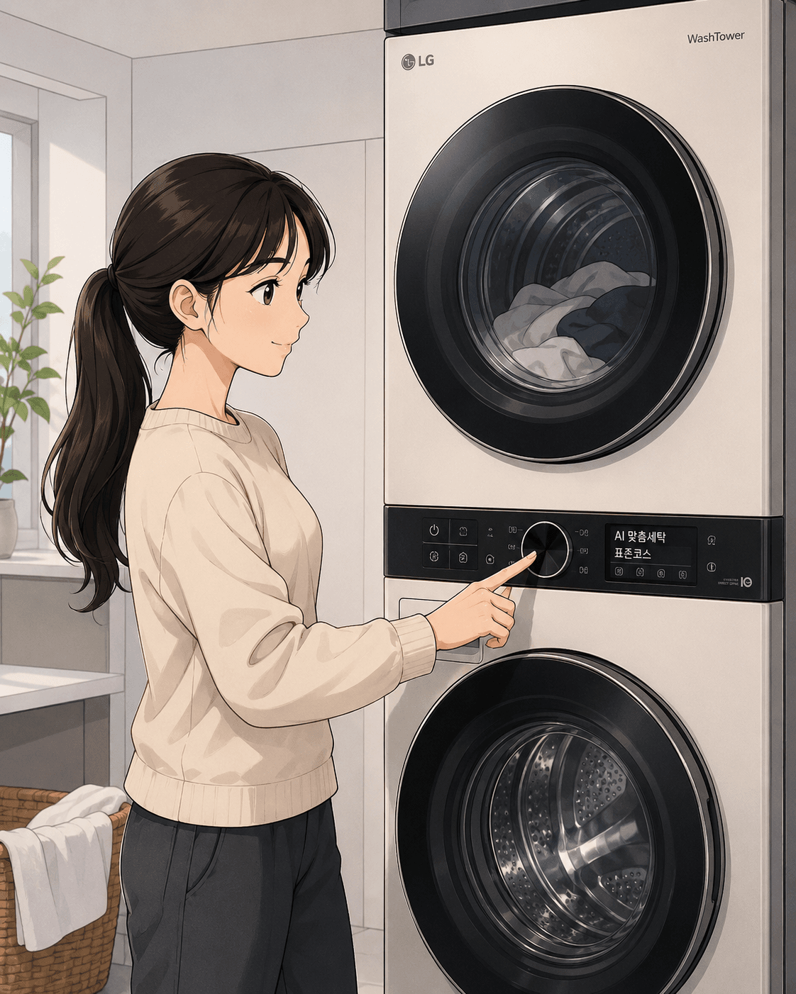 LG 스마트가전 WashTower 앞에서 세탁기를 조작하는 여성의 모습, 전기요금 캐시백 신청방법과 대상 모델 관련 정보 제공.