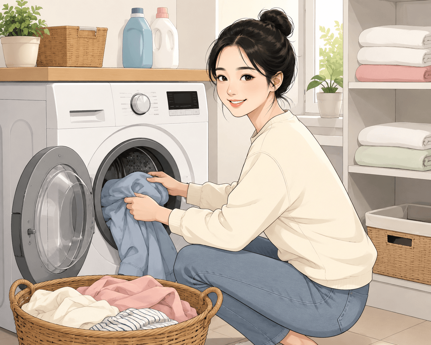 세탁기에서 빨래를 꺼내는 여성의 모습, 세탁실에서 다양한 세제와 수건이 배치되어 있는 장면을 담고 있습니다. 이 이미지는 한전 삼성 스마트가전 전기요금 캐시백 신청방법과 관련된 내용에 적합합니다.